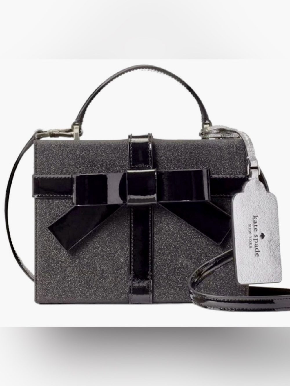 kate spade Black Glitter Bow Crossbody Box Bag with Silver Tag